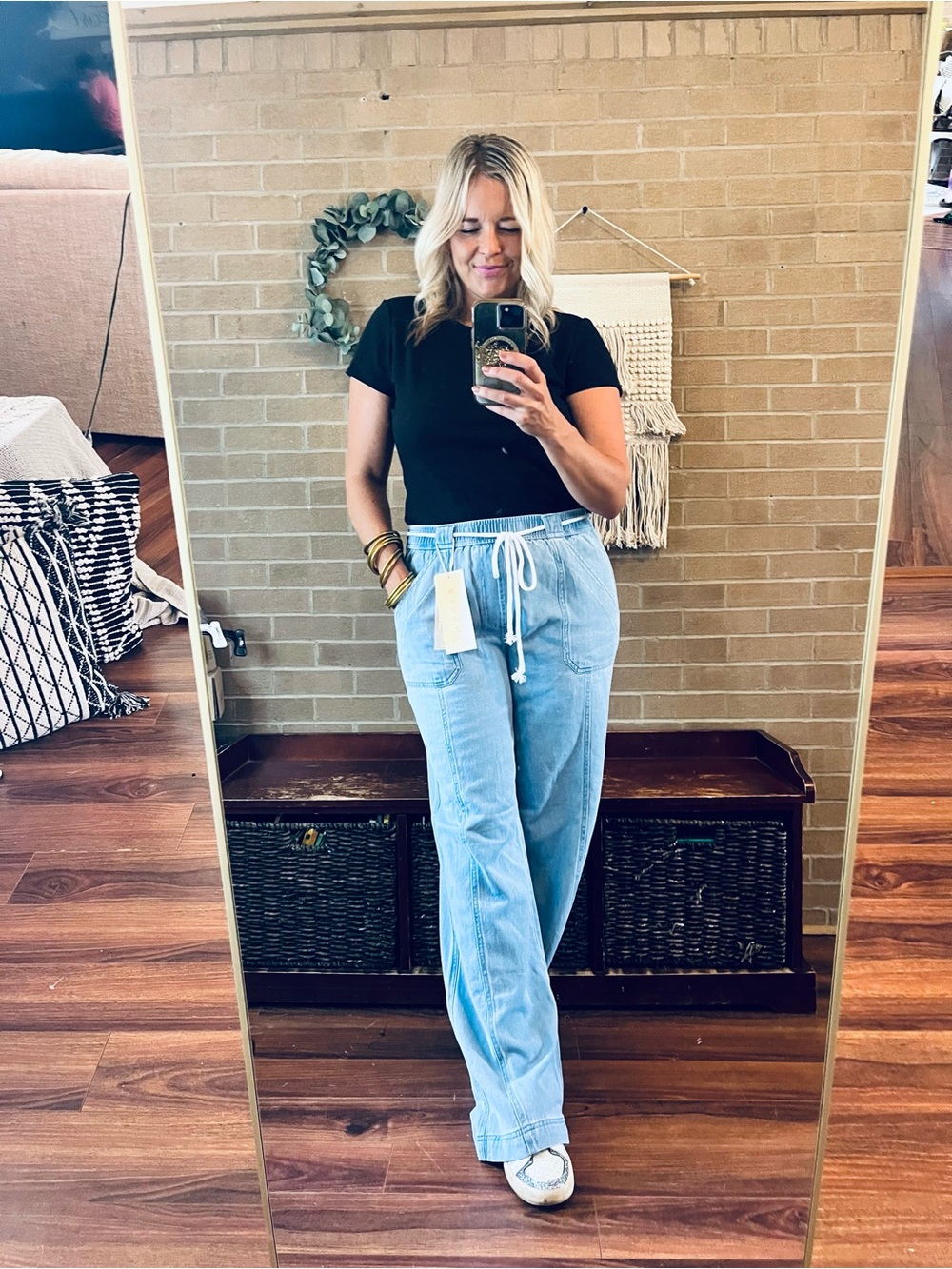 Light Wash Wide-Leg Drawstring Jeans